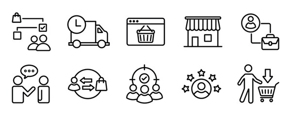 B2C icon set. Business to consumer, e-commerce, customer service, retail, digital marketing, direct sales, customer experience, online store and more. Solid vector icons collection.