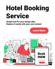 Santa hotel booking Christmas New Year 2025 digital reservation festive interior gifts Christmas tree smartphone app modern holiday room