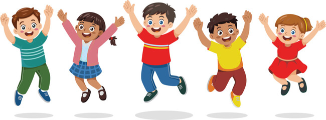 Cartoon children jumping with joy, colorful outfits, happy expressions, white background, energetic pose, celebration scene, playful mood, childhood fun