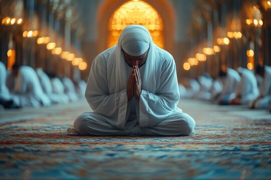 Muslim man in traditional clothing praying inside a beautiful mosque with warm golden lighting