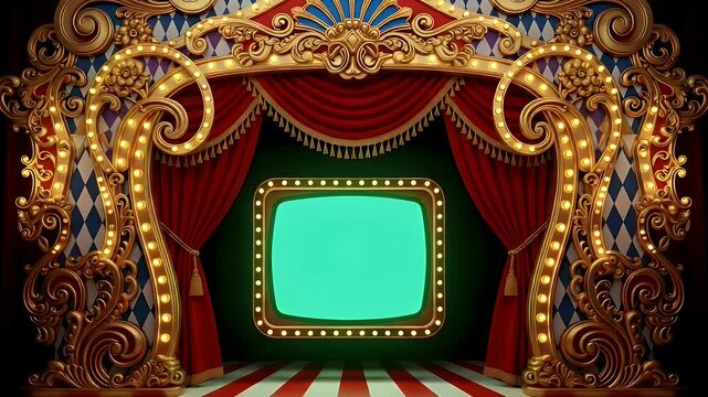 Ornate stage design with golden embellishments and red curtains for creative projects