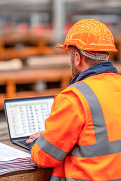 A construction worker in an orange safety vest and hard hat is working on a laptop, surrounded by blueprints in a construction setting.