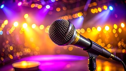 Stage microphone with bokeh lights, glowing lights of yellow, purple and blue for performance