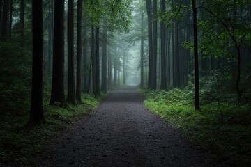 Obraz premium Quiet forest path with trees and soft lighting