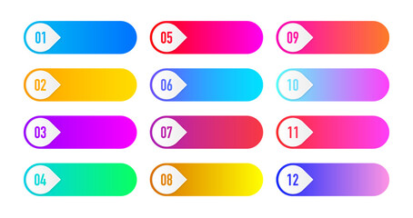 Obraz premium Collection arrows bullet point triangle flags isolated on white background. Colorful gradient markers. Number from 1 to 12. Vector