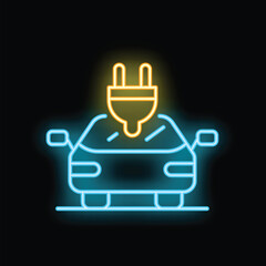 Neon glowing icon of an electric car charging with a plug, symbolizing sustainable transportation