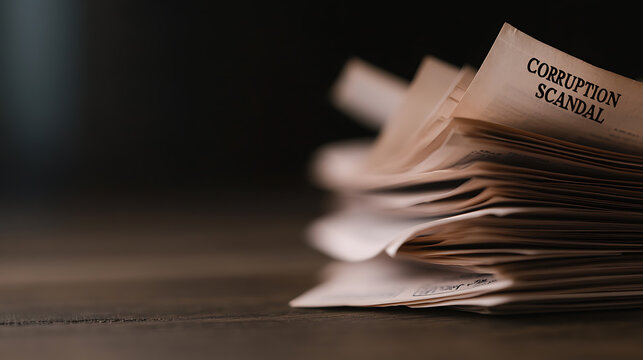 A stack of newspapers on a dark wooden surface with the headline "Corruption Scandal" visible on the top paper. Close-up highlights the story and its setting.