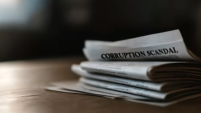 A newspaper stack reveals a 'Corruption Scandal' headline, signaling transparency & integrity challenges. This shows a need for investigations and governance reforms.