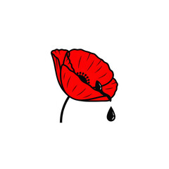 Illustration of a red poppy flower with a black stem and a single black teardrop falling from its bloom.