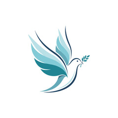 Stylized dove with a teal and blue wing design, carrying an olive branch in its beak, isolated on a white background, representing peace, harmony, and new beginnings