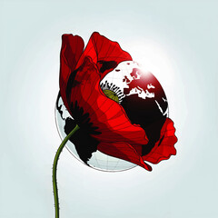 A vibrant red poppy flower with the Earth globe nestled within its petals, symbolizing peace.