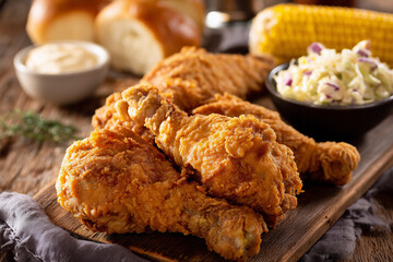 Crispy fried chicken drumsticks served with coleslaw, corn on the cob, and soft bread rolls for a delicious meal