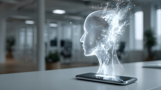 Futuristic concept of artificial intelligence with a glowing digital human head hologram emerging from a smartphone on a desk.