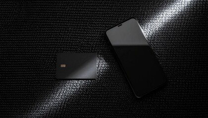 Cyber Monday sale on modern black credit card and smartphone, sleek technology for digital shopping, payment, and online transactions in this dark, moody, and minimalist product shot