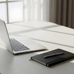 Workspace Serenity Laptop, Notebook and Natural Light Harmony for Productive Work Desk Setup in Minimalist Monochrome Tones A Calming Home Office Aesthetic