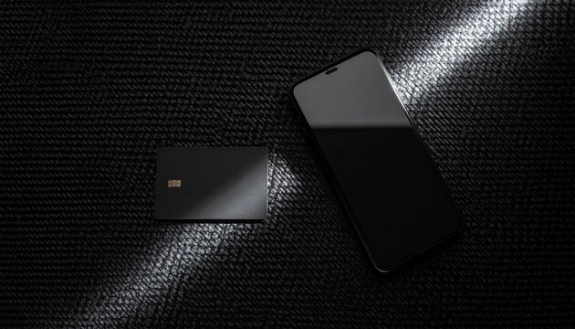 Cyber Monday sale on modern black credit card and smartphone, sleek technology for digital shopping, payment, and online transactions in this dark, moody, and minimalist product shot