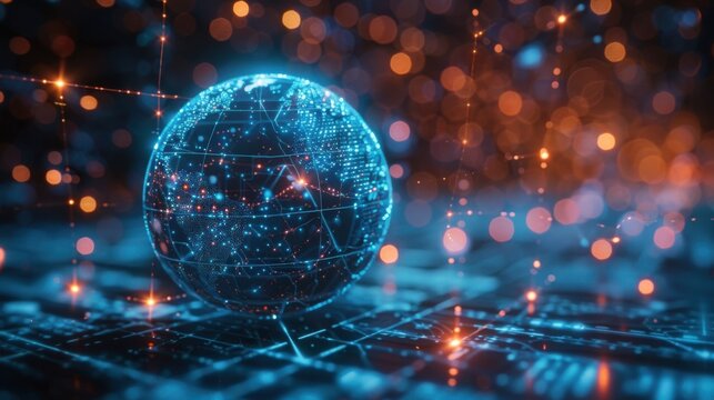 Glowing sphere with network connections and bokeh lights in a digital environment