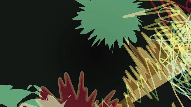 Abstract digital art with chaotic scribbles and geometric shapes on a dark background