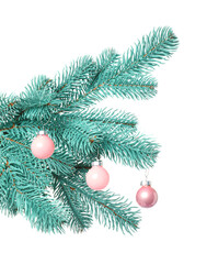 Christmas tree branch with decorative balls isolated on white