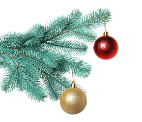Christmas tree branch with decorative balls isolated on white