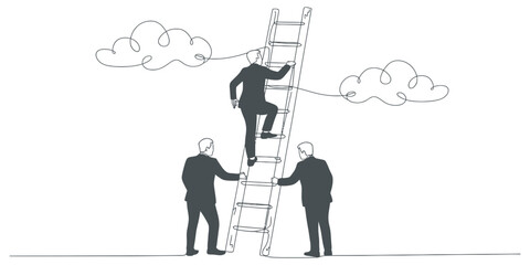 Continuous single line drawing of people climbing a ladder towards clouds symbolising success and ambition vector © Creative_Outline2019