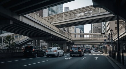 Cars driving on city road beneath elevated walkway and buildings