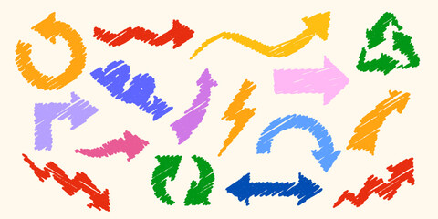 Vector set of colorful crayon arrows. Hand-drawn textured icons for infographic design, school projects, kids decor, posters, and educational materials