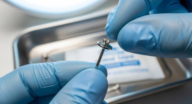 Piercer gloved hands hold a sterile dermal anchor with a diamond top for skin piercing. Body modification and professional piercing procedure.