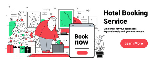 Santa hotel booking service Christmas New Year 2025 festive living room gifts tree digital tablet reservation modern flat design website banner