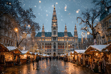 Obraz premium The Christmas market in front of the Rathaus (City hall) of Vienna, Austria