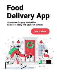Santa food delivery Christmas New Year 2025 festive scene Santa delivering gifts to decorated house with snowman Christmas tree presents landing page