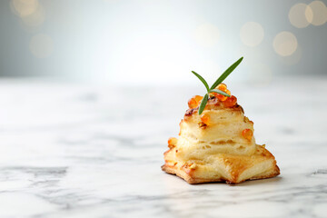 Tasty snack with puff pastry, red caviar and rosemary on white marble table against grey...