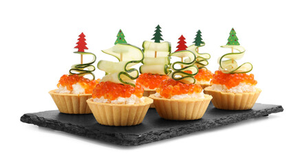 Tasty tartlets with red caviar and cucumber isolated on white. Christmas appetizer