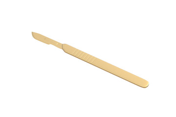 Golden scalpel isolated on white background. Surgical equipment. Medical instrument. Sterile blade. 3d render