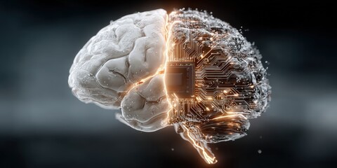 Fototapeta premium Futuristic glowing digital hologram of a brain emerging from a computer microchip. Concept of artificial intelligence