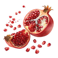 Watercolor illustration of pomegranate cut open to reveal seeds isolated on white background