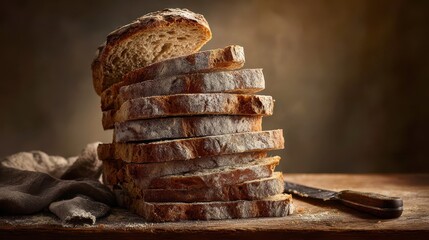 Stacked Slices of Artisan Bread with Rustic Knife on Wooden Table