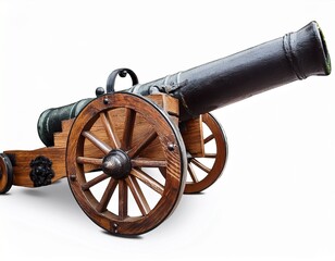 antique cannon with large wooden wheels isolated on white background