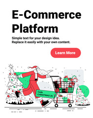 Santa Christmas shopping cart gifts discount festive trees modern e-commerce holiday sale web banner red green flat style