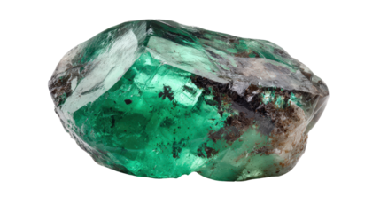 Single polished emerald crystal in rough oval form, background isolated on a Transparent background, PNG file.