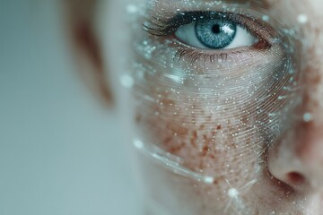 Close-up of a human eye and face with digital data overlay, representing biometric identification and technology.