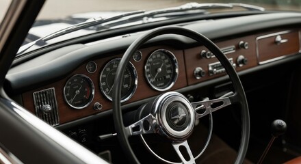 Classic car interior with wooden dashboard, chrome, gauges, and steering wheel