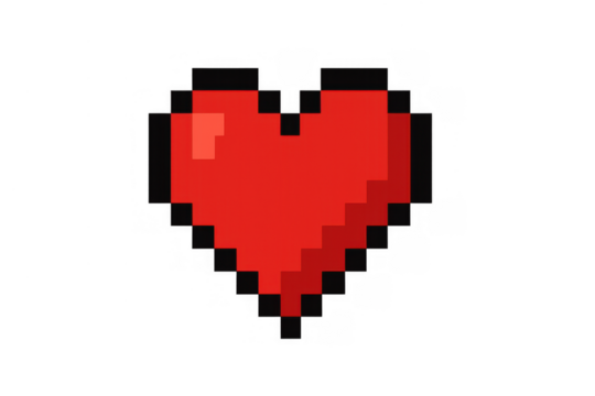 Red pixel art heart icon representing love, health, life, and game power up with 8-bit retro gaming style