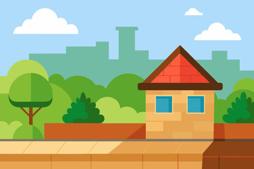 Fototapeta premium Cartoon rooftop with a garden view vector illustration