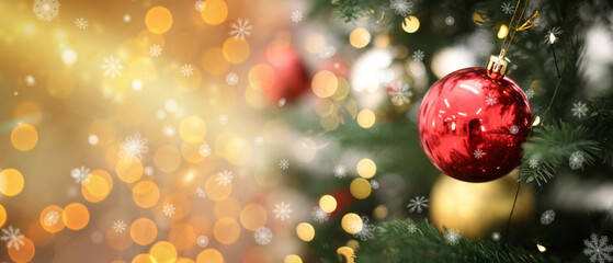 Christmas tree with balls, flying snowflakes and bokeh lights on festive greeting card. Banner design