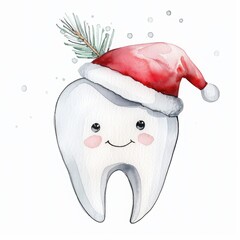 cute Christmas kawaii tooth with smiling face wears Santa hat against plain white background, charming watercolor illustration. dental clinic holiday promotions, festive sticker, cute oral health