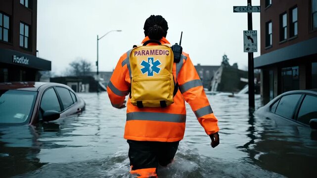 paramedic walks through flood on urban street. rescue gear includes uniform and yellow backpack. emergency response moves through water with boot near submerged car. paramedic wades current.