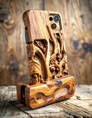 Ornate wooden phone case on a stand.  Beautiful carved design