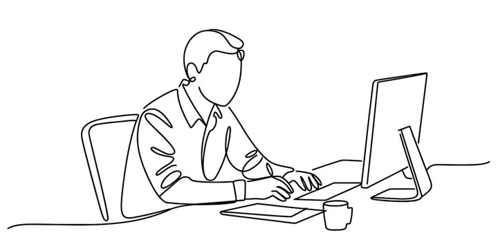 Single continuous line drawing of a person working on a computer at a desk vector