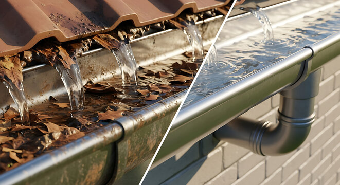 Split image showing clogged gutter with leaves and clean gutter with water flowing
